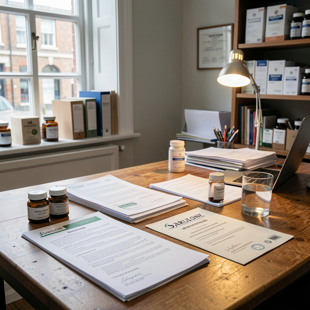 A male professional reviewing nutrition sourcing documentation at a clean minimalist desk, natural daylight from a large window, London studio setting
