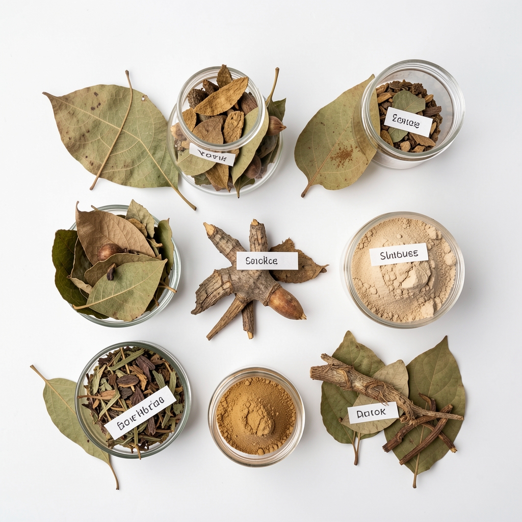 Botanical sourcing documentation laid flat on a wooden surface alongside dried plant specimens, a hand holding a magnifying glass, archival documentary style