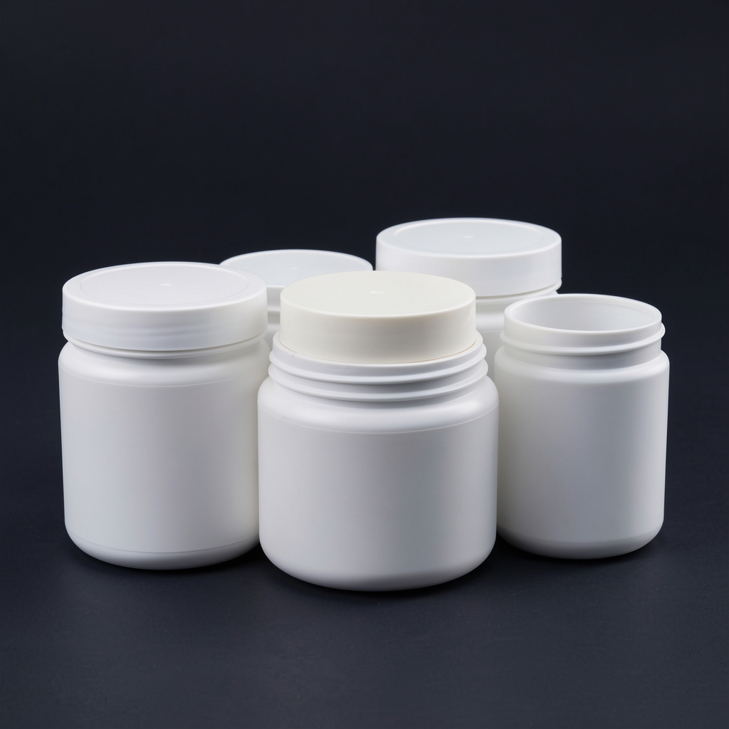 Close-up of neatly arranged supplement serving containers in a minimalist studio, dark background with controlled white lighting