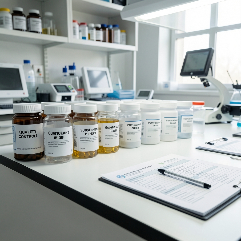 Quality control bench in a supplement verification laboratory, batch-coded containers aligned in a row under bright studio lighting, verification documents visible