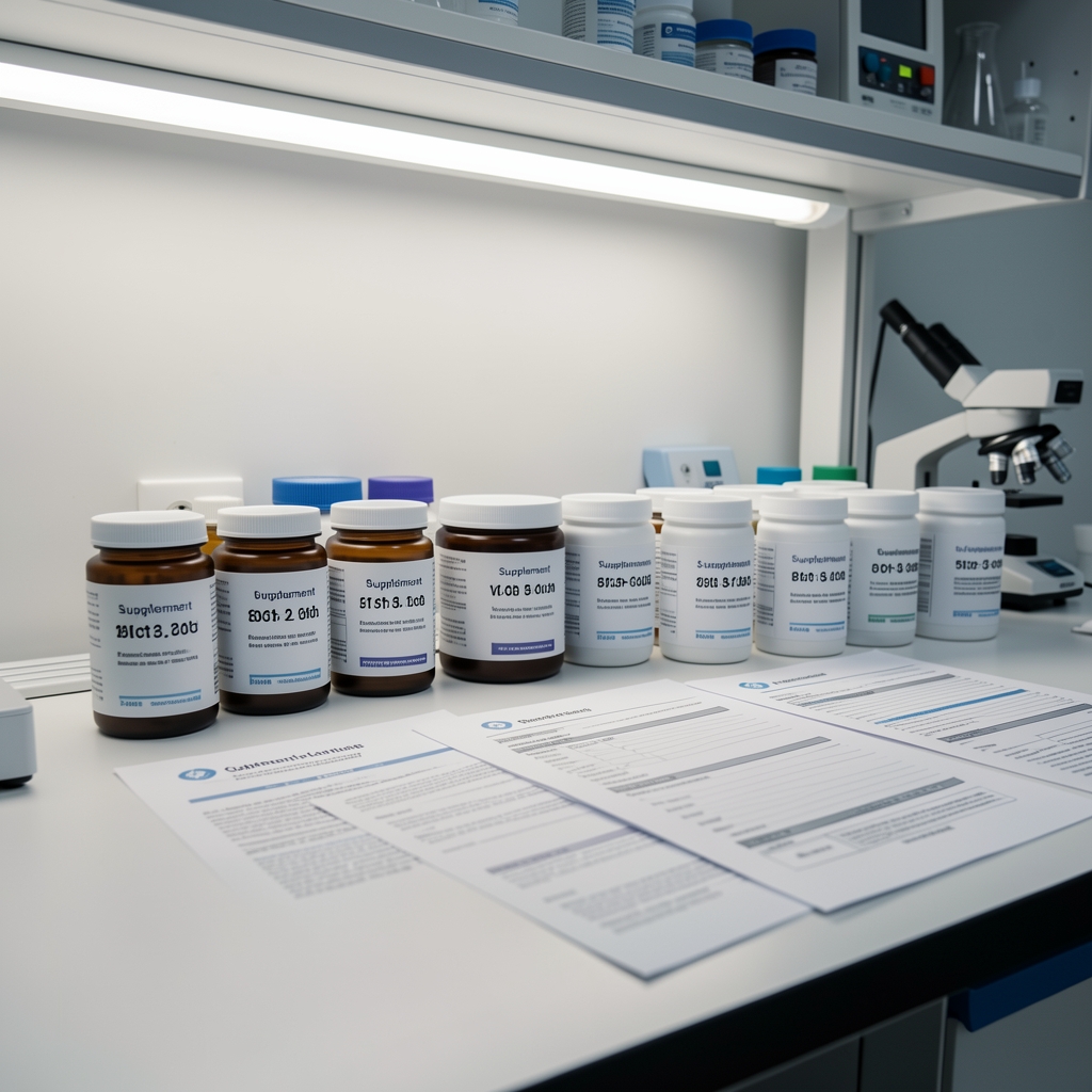 Supplement verification laboratory bench with batch-coded formulation containers lined up in a row, quality control documentation papers spread across the surface, controlled overhead lighting