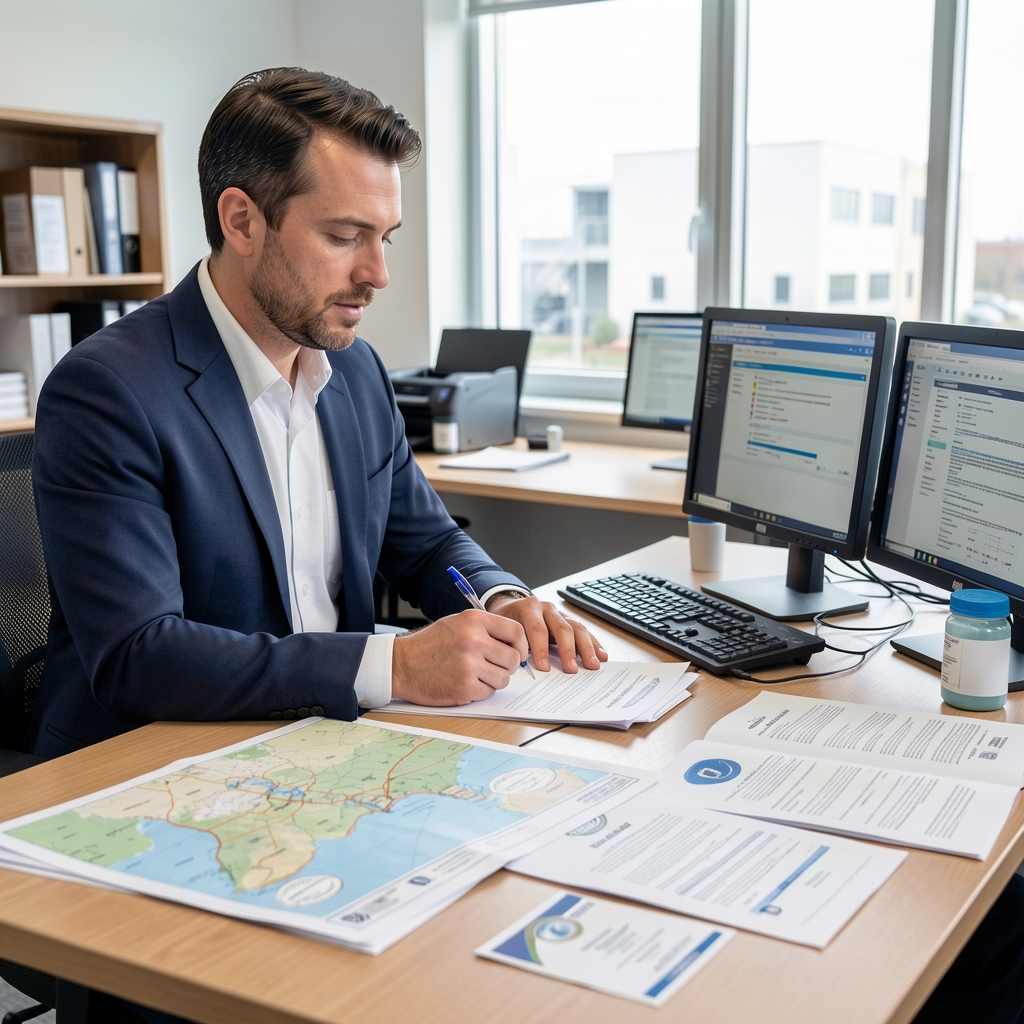 Supplement sourcing analyst reviewing supplier facility documentation at a workstation, maps and certification papers spread on the desk, professional office lighting