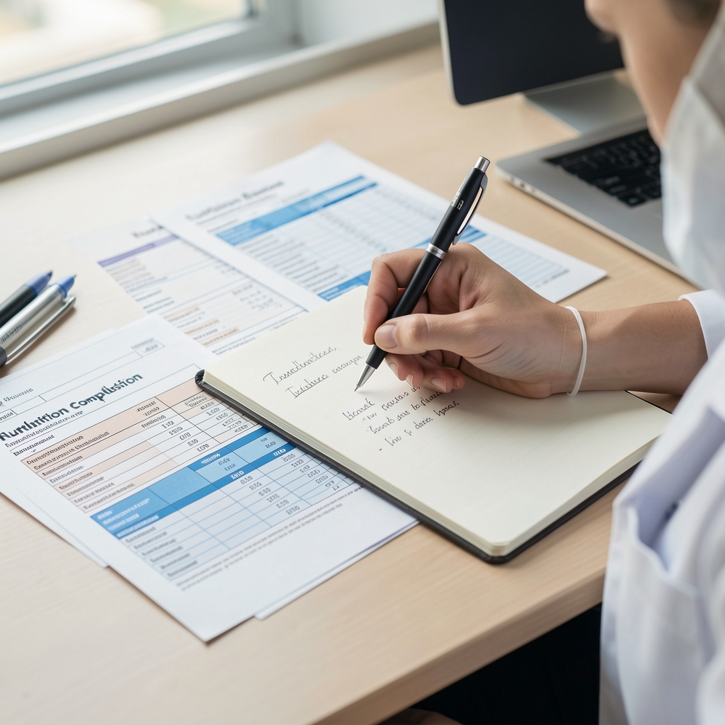 Nutrition researcher writing formulation composition notes in a notebook alongside ingredient data printouts, close-up of pen on paper, clean workspace