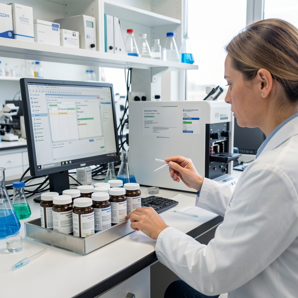 Independent analytical laboratory setting with supplement batch containers in a sample tray, technician reviewing verification results on a monitor, professional laboratory environment under bright studio lighting