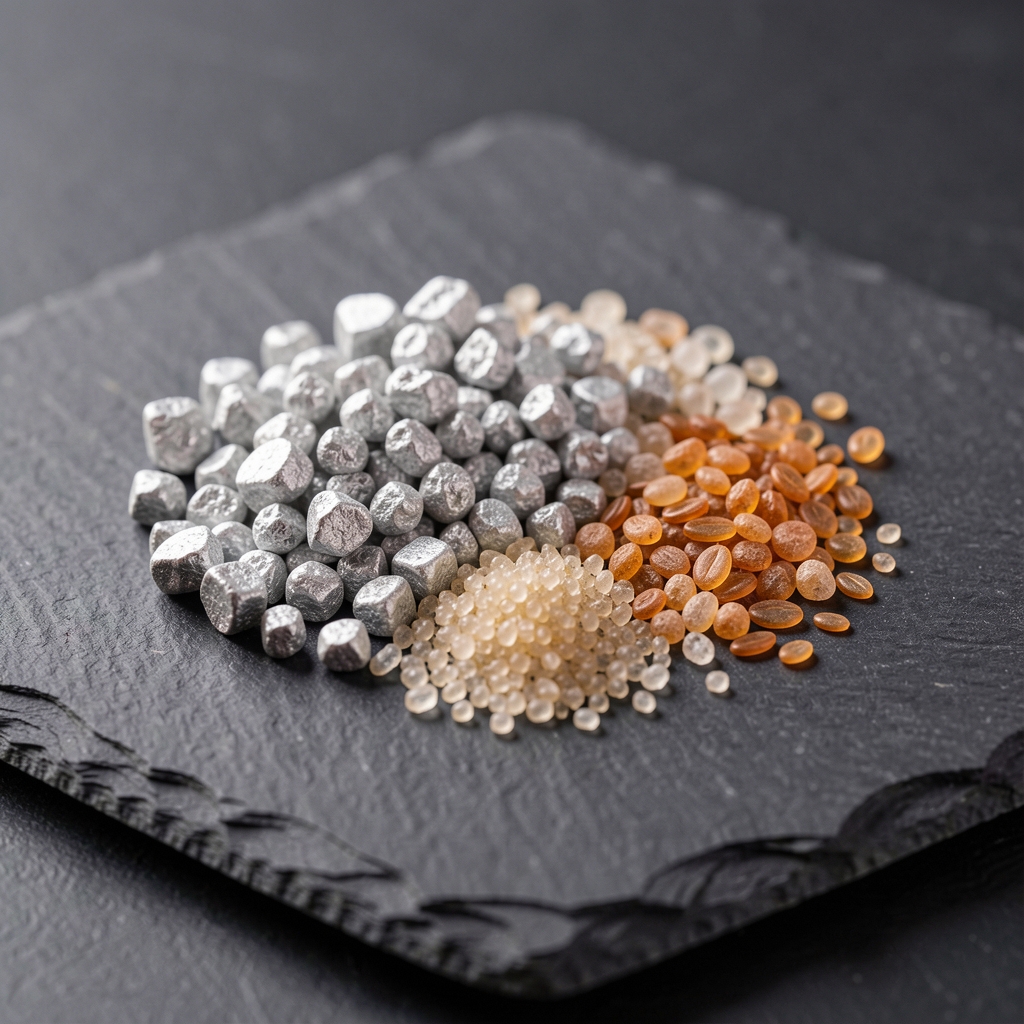 Macro photograph of raw mineral supplement components — zinc, magnesium, and selenium granules arranged on a slate surface under studio lighting