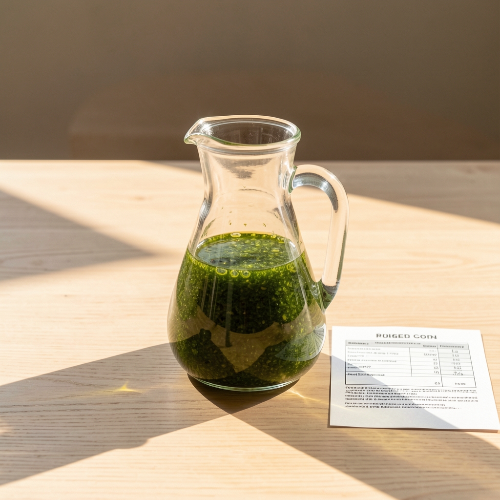 Glass vessel of cold-pressed algae omega oil with morning sunlight streaming across a clean wooden surface, supplement sourcing documentation visible beside it