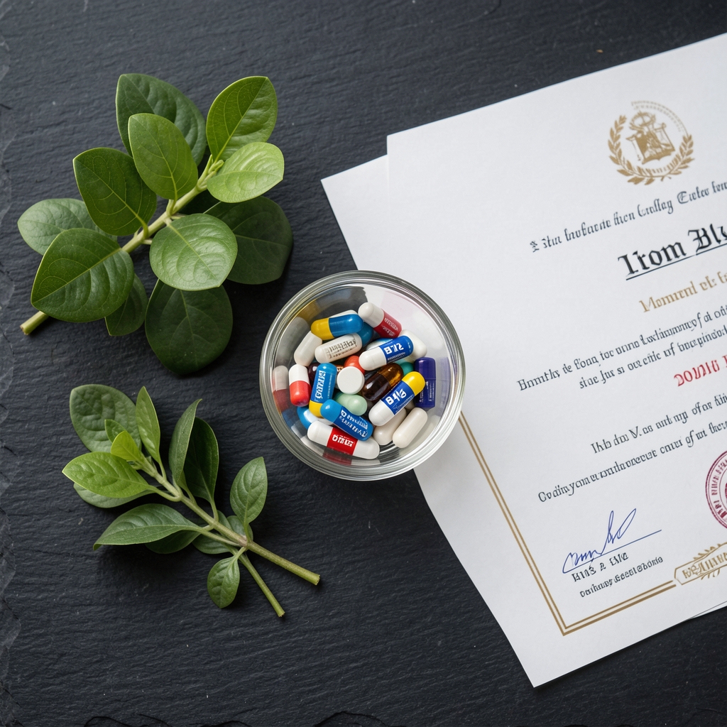 Iron and B12 daily supplement serving in a small glass bowl alongside leafy green plant specimens and a certificate document, overhead composition on dark slate