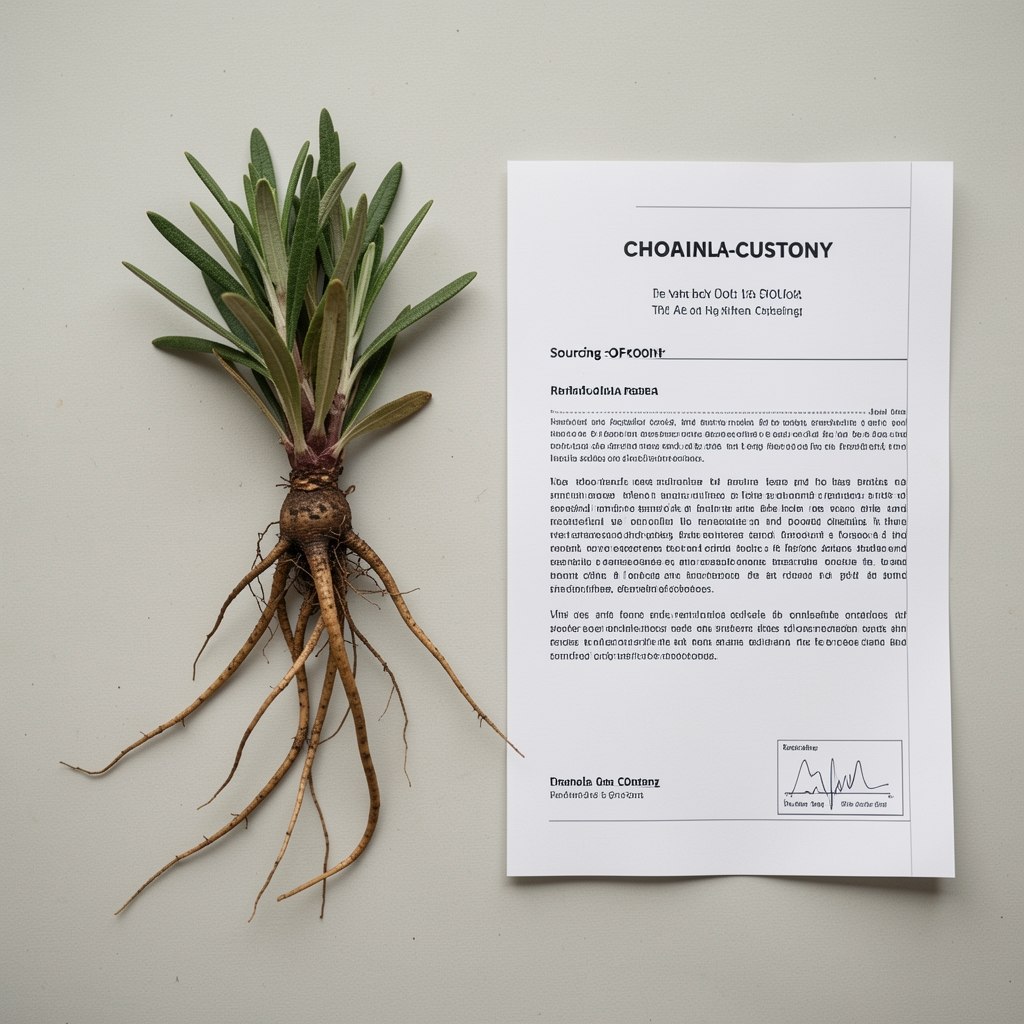 Rhodiola rosea dried root specimen laid flat alongside a chain-of-custody sourcing document, documentary overhead style photography
