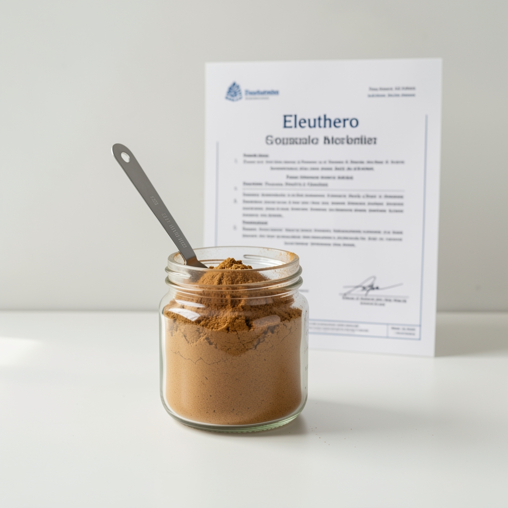 Eleuthero root powder in a glass jar with a measuring spatula, batch certification document in background, clean minimalist workspace