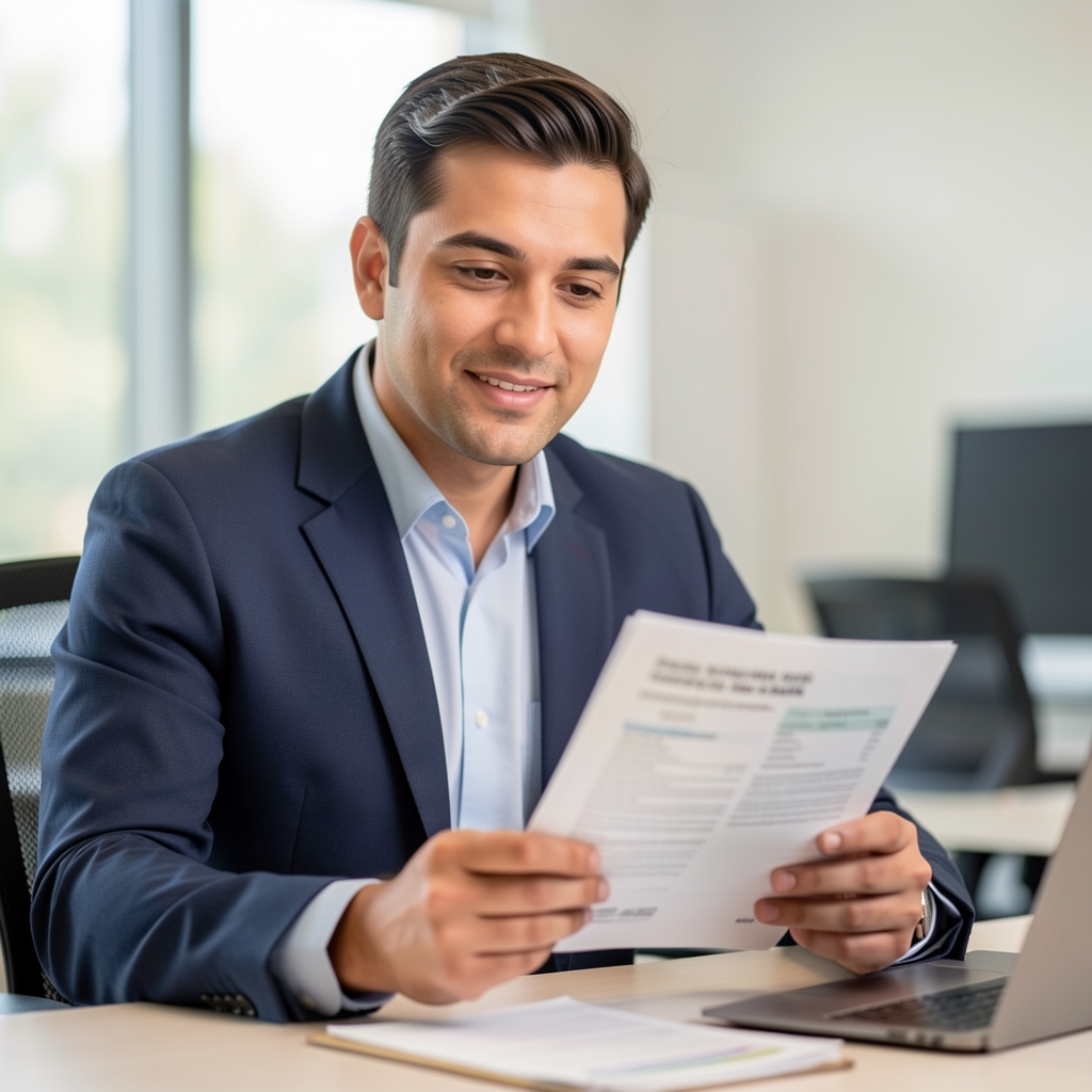 Portrait of a male nutrition researcher in a clean office setting, reviewing supplement ingredient documentation at a desk, professional editorial portrait