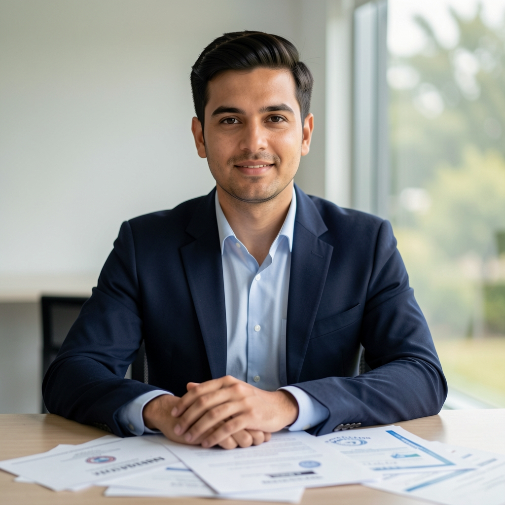 Portrait of a male supplement sourcing analyst in a minimalist workspace, papers with supplier certificates spread on a table, directional studio lighting